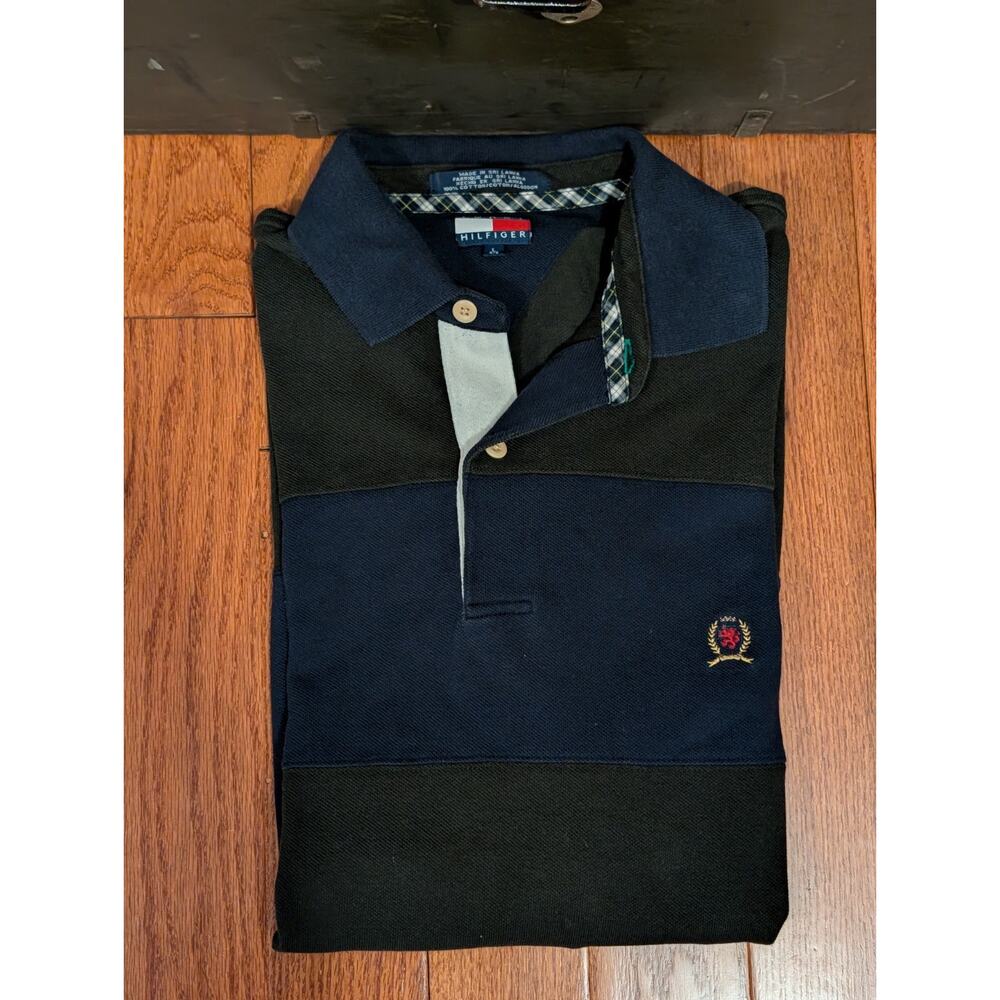 Vtg 2000s Tommy Hilfiger Long Sleeve Polo Shirt Mens L Green Blue Striped Y2k